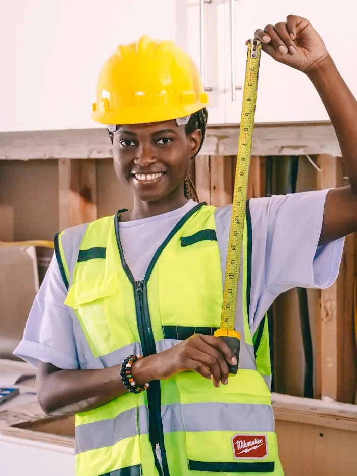 African American woman in safety gear holding a measuring tape indoors.